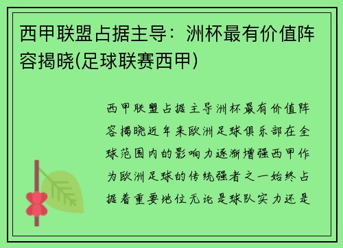 西甲联盟占据主导：洲杯最有价值阵容揭晓(足球联赛西甲)