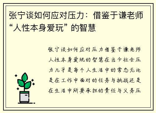 张宁谈如何应对压力：借鉴于谦老师“人性本身爱玩” 的智慧