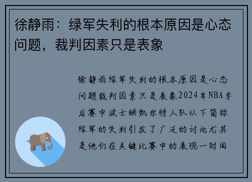 徐静雨：绿军失利的根本原因是心态问题，裁判因素只是表象