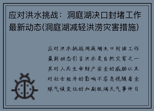 应对洪水挑战：洞庭湖决口封堵工作最新动态(洞庭湖减轻洪涝灾害措施)